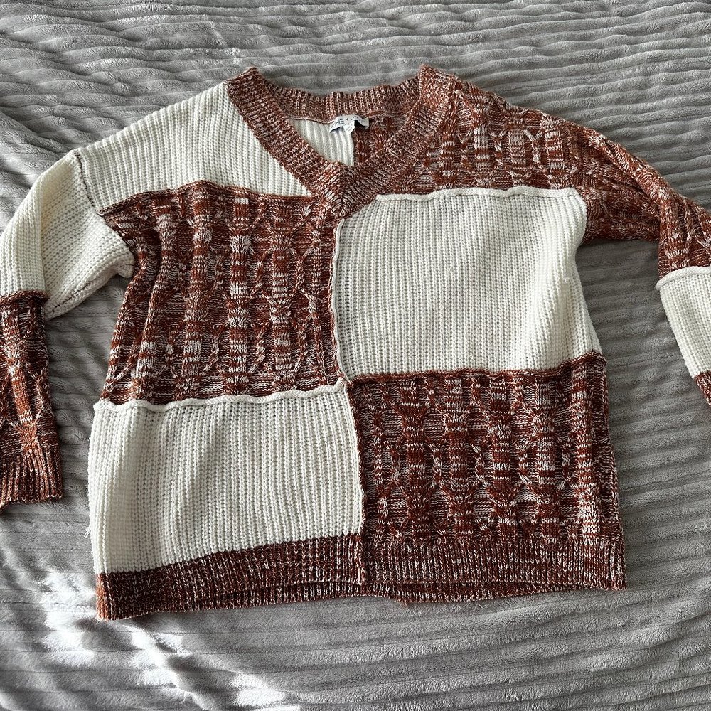 Burnt Orange and White V-Neck Sweater